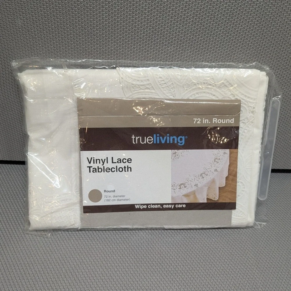 True Living Vinyl Lace Tablecloth 72 Inch Round White Wipe Clean Table Cover